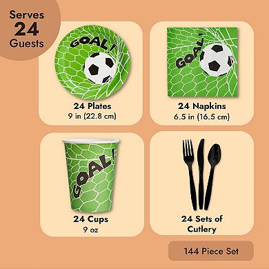 144-piece Soccer Themed Birthday Party Supplies, Dinnerware Bundle, Serves 24