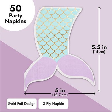 50 Pack Mermaid Tail Napkins With Gold Foil For Girls Birthday Party, 5 In