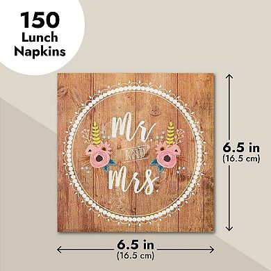 150 Pack Mr. And Mrs. Napkins For Rustic-style Wedding Decorations, 6.5 X 6.5 In