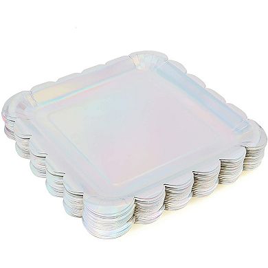 Holographic Silver Foil Square Paper Plates, Scalloped Edge (9 In, 48 Pack)