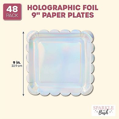 Holographic Silver Foil Square Paper Plates, Scalloped Edge (9 In, 48 Pack)