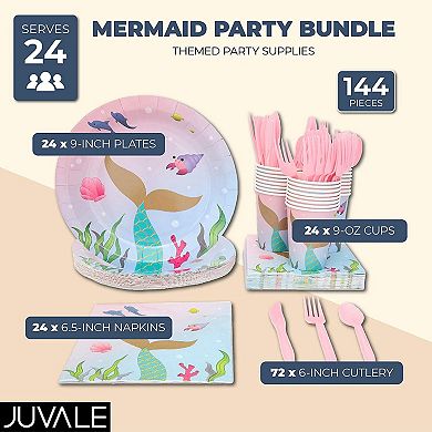144 Piece Mermaid Party Pack For 24 - Plate, Napkin, Cup, Fork, Spoon, Knives