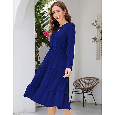 Women Casual Dress Tie V Neck Ruffle Long Sleeve Drawstring Waist A-Line Layering Swing Midi Dress