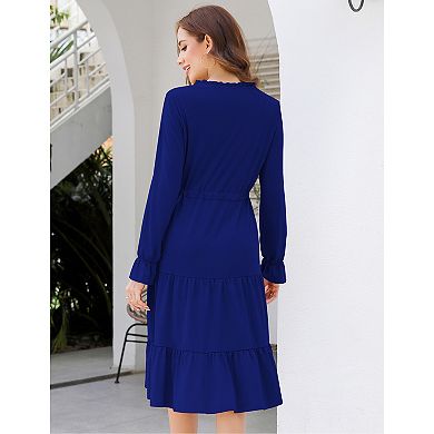 Women Casual Dress Tie V Neck Ruffle Long Sleeve Drawstring Waist A-Line Layering Swing Midi Dress