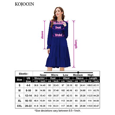 Women Casual Dress Tie V Neck Ruffle Long Sleeve Drawstring Waist A-Line Layering Swing Midi Dress