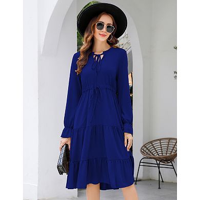 Women Casual Dress Tie V Neck Ruffle Long Sleeve Drawstring Waist A-Line Layering Swing Midi Dress