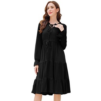 Women Casual Dress Tie V Neck Ruffle Long Sleeve Drawstring Waist A-Line Layering Swing Midi Dress