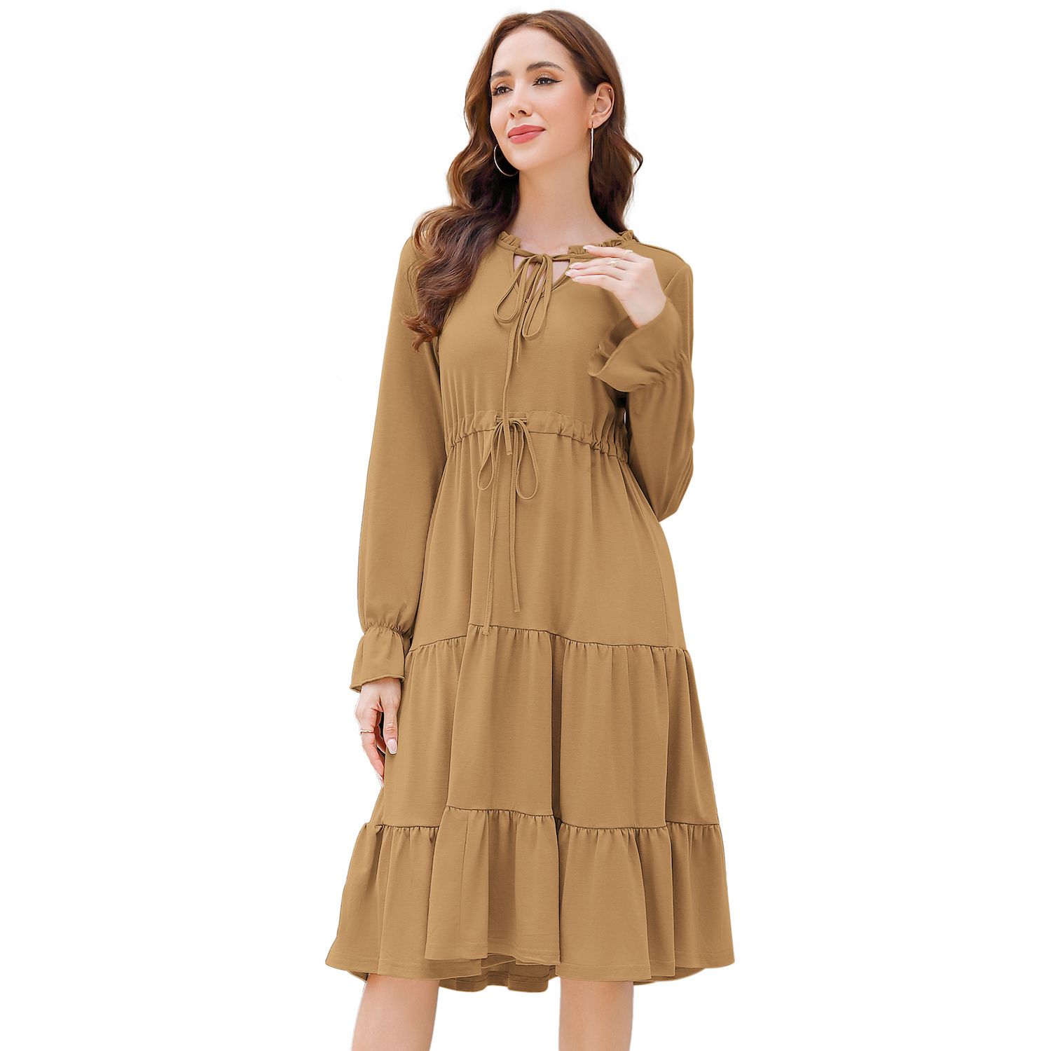 Женские платья Women Casual Dress Tie V Neck Ruffle Long Sleeve Drawstring Waist A-Line Layering Swing Midi Dress