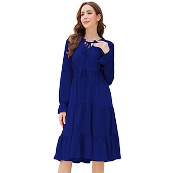 Women Casual Dress Tie V Neck Ruffle Long Sleeve Drawstring Waist A-Line Layering Swing Midi Dress