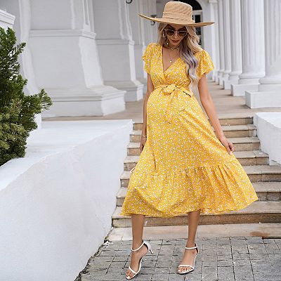 Women's Maternity V Neck Wrap Maxi Summer Dress Short Sleeve Boho Casual  Nursing Dresses