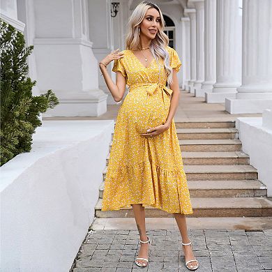 Women's Maternity V Neck Wrap Maxi Summer Dress Short Sleeve Boho Casual Nursing Dresses
