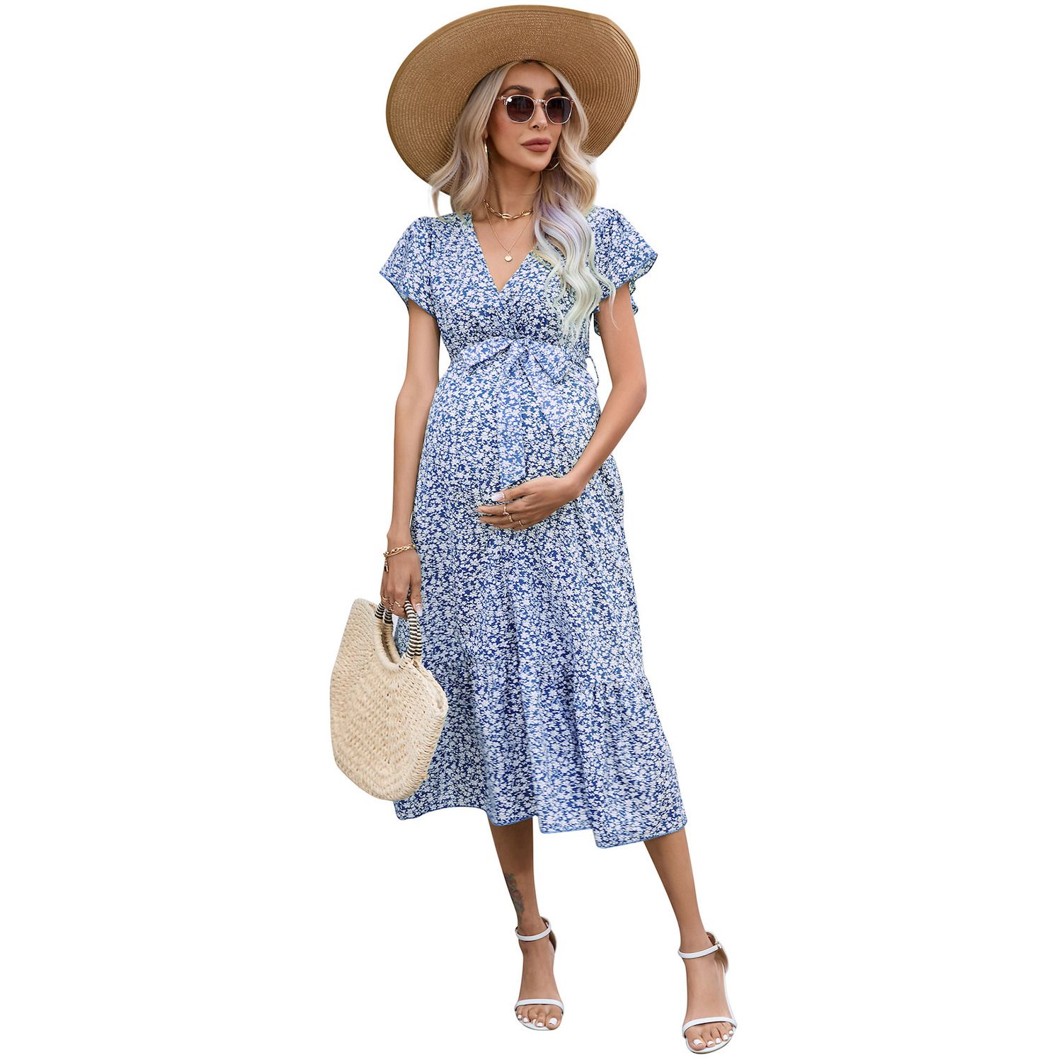 Women's Maternity V Neck Wrap Maxi Summer Dress Short Sleeve Boho Casual  Nursing Dresses