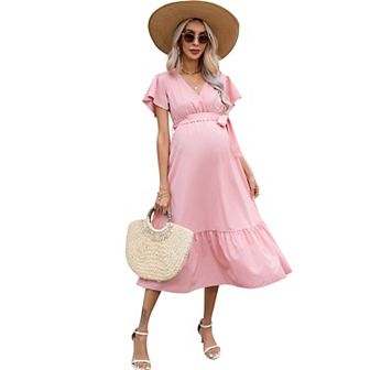 Women's Maternity V Neck Wrap Maxi Summer Dress Short Sleeve Boho Casual Nursing Dresses