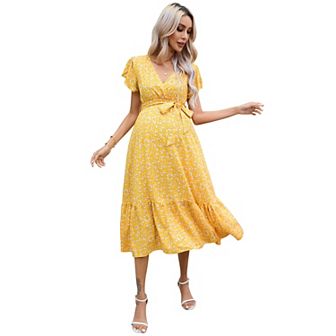 Women's Maternity V Neck Wrap Maxi Summer Dress Short Sleeve Boho Casual Nursing Dresses