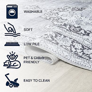 Armae Distressed Medallion Chenille Machine-washable Runner Rug
