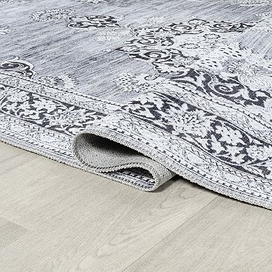 Armae Distressed Medallion Chenille Machine-washable Runner Rug