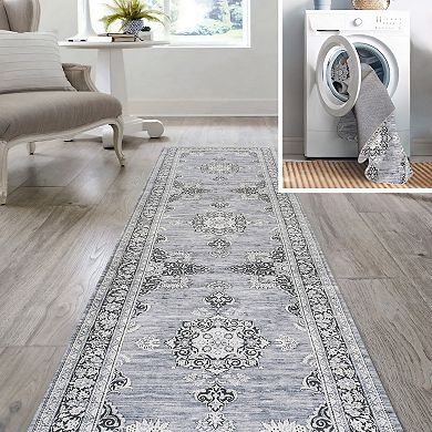 Armae Distressed Medallion Chenille Machine-washable Runner Rug