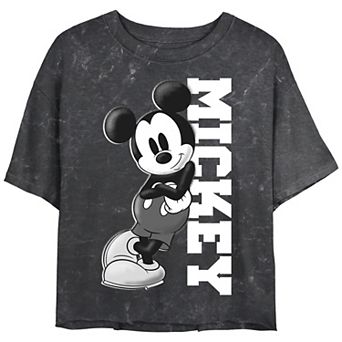 Disney's Mickey Mouse Leaning On Name Crop Top Mineral Wash Juniors' Graphic Tee