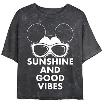 Disney's Mickey Mouse Sunshine And Good Vibes Crop Top Mineral Wash Juniors' Graphic Tee