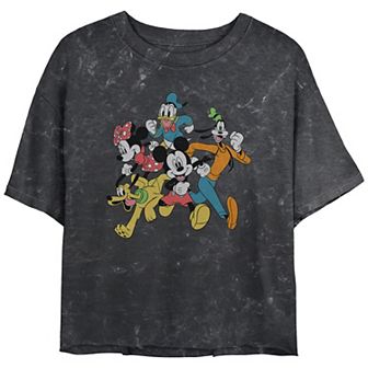 Disney's Mickey Mouse And Friends Running Together Crop Top Mineral Wash Juniors' Graphic Tee