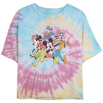 Disney's Mickey Mouse And Friends Running Together Crop Top Tie Dye Juniors' Graphic Tee