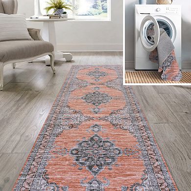 Wincer Chenille Cottage Medallion Machine-washable Runner Rug