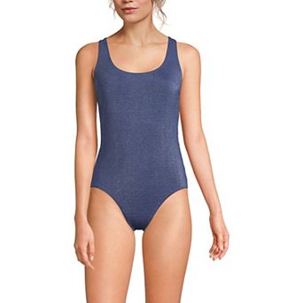 Petite Lands' End Shimmery Scoop Neck Cross Back High Leg Tugless Sporty One-Piece Swimsuit