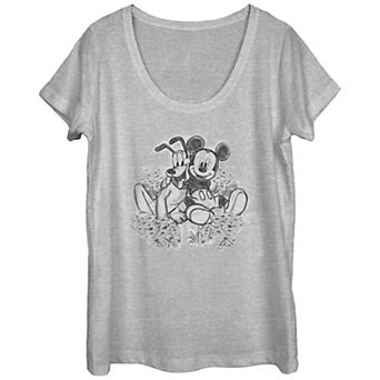 Disney's Mickey Mouse And Pluto Pencil Sketch Scoop Neck Juniors' Graphic Tee