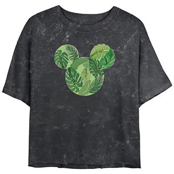 Disney's Mickey Mouse Tropical Leaves Head Juniors' Cropped Graphic Tee Top Mineral Wash Juniors' Graphic Tee