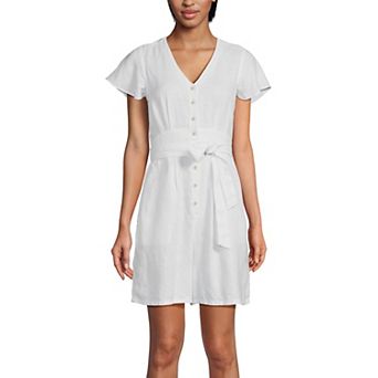 Women's Lands' End Linen V-Neck Flutter Sleeve Button Front Tie Waist Romper