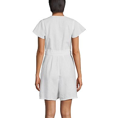 Women's Lands' End Linen V-Neck Flutter Sleeve Button Front Tie Waist Romper