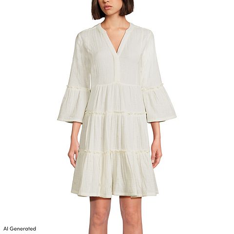 Женские платья Lands' End Crinkly Gauze Tiered V-Neck Bell Sleeve Mini Dress