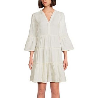 Women's Lands' End Crinkly Gauze Tiered V-Neck Bell Sleeve Mini Dress