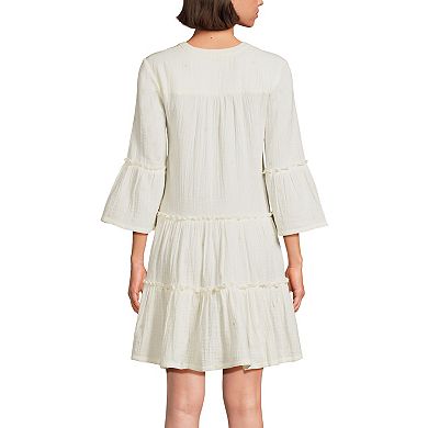 Women's Lands' End Crinkly Gauze Tiered V-Neck Bell Sleeve Mini Dress