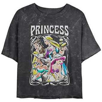 Disney's Belle, Rapunzel, Cinderella, Jasmine & Ariel Princess Profile Portrait Juniors' Cropped Graphic Tee Top Mineral Wash Juniors' Graphic Tee