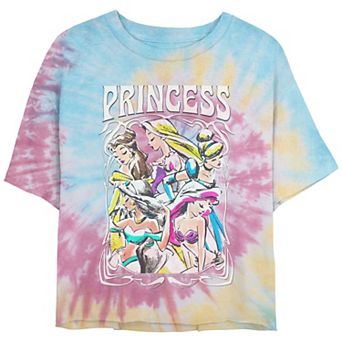 Disney's Belle, Rapunzel, Cinderella, Jasmine & Ariel Princess Profile Portrait Juniors' Cropped Tie Dye Graphic Tee