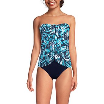 Women's Lands' End Printed Mesh Bandeau Fauxkini High Leg One-Piece Swimsuit