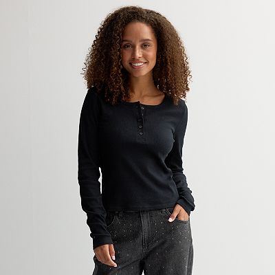 Juniors Pink Rose Long Sleeve Button Front Thermal Top