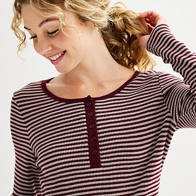 Juniors' Pink Rose Henley Thermal Long Sleeve Top