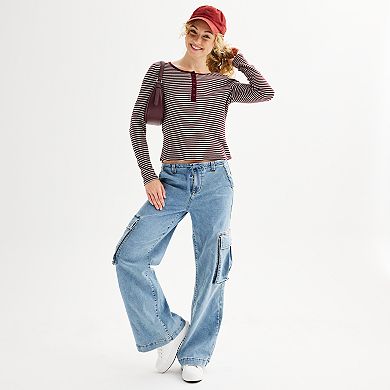 Juniors' Pink Rose Henley Thermal Long Sleeve Top