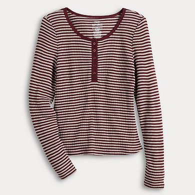 Juniors' Pink Rose Henley Thermal Long Sleeve Top