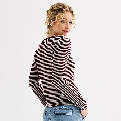 Juniors' Pink Rose Henley Thermal Long Sleeve Top