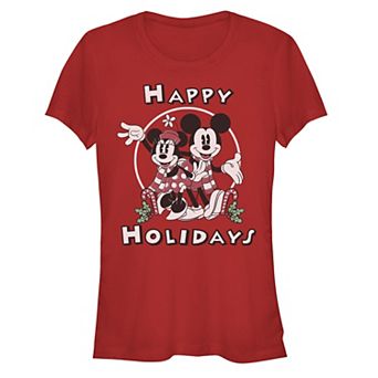 Disney's Mickey Mouse And Minnie Mouse Happy Holidays Stamp Juniors' Fitted Graphic Tee