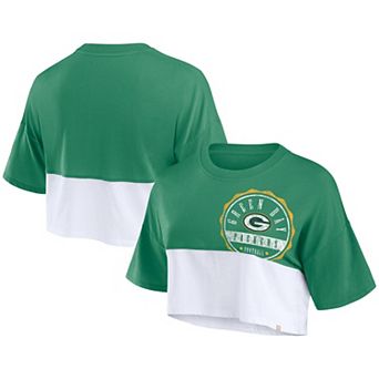 Women's Fanatics Branded Green/White Green Bay Packers Boxy Color Split Cropped T-Shirt