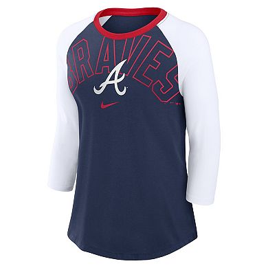 Women's Nike Navy/White Atlanta Braves Knockout Arch 3/4-Sleeve Raglan Tri-Blend T-Shirt