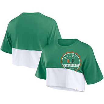 Women's Fanatics Branded Green/White Miami Hurricanes Oversized Badge Colorblock Cropped T-Shirt