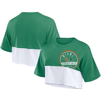 Women's Fanatics Branded Green/White Miami Hurricanes Oversized Badge Colorblock Cropped T-Shirt