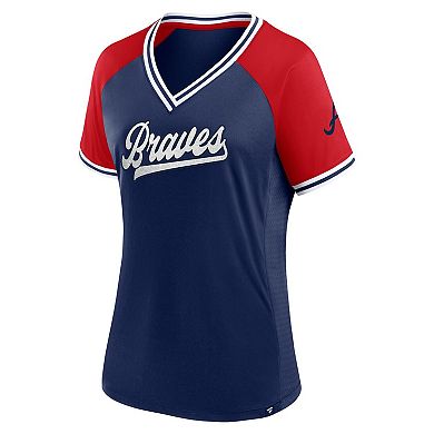 Women's Fanatics Branded Navy Atlanta Braves Glitz & Glam League Diva Raglan V-Neck T-Shirt