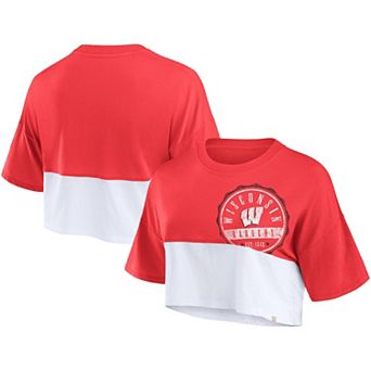 Women's Fanatics Branded Red/White Wisconsin Badgers Oversized Badge Colorblock Cropped T-Shirt