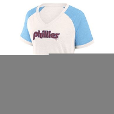Women's Fanatics Branded White/Light Blue Philadelphia Phillies Cooperstown Collection For the Team Slub Raglan V-Neck Jersey T-Shirt